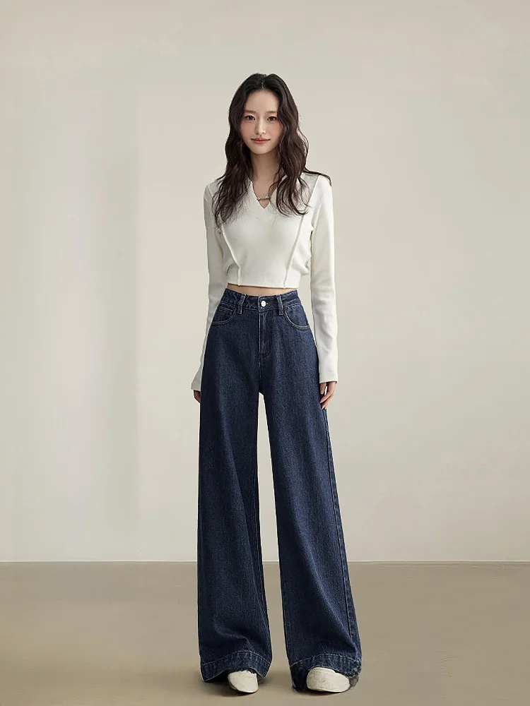 

Темно-синие женские джинсовые брюки с высокой талией, осенние новые винтажные свободные леггинсы, висящие брендовые маленькие посадки