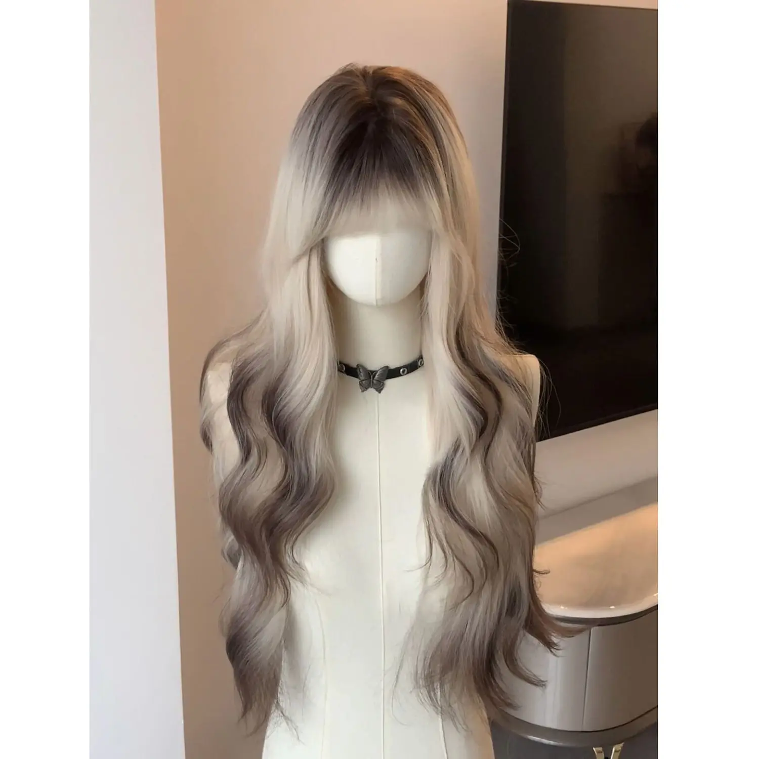 ‌ Siamese kat Ombre haarextensies - lang krullend geweven Paris Balayage, volledige pruik met pony ‌ Kleurverloop geverfd haarstukje