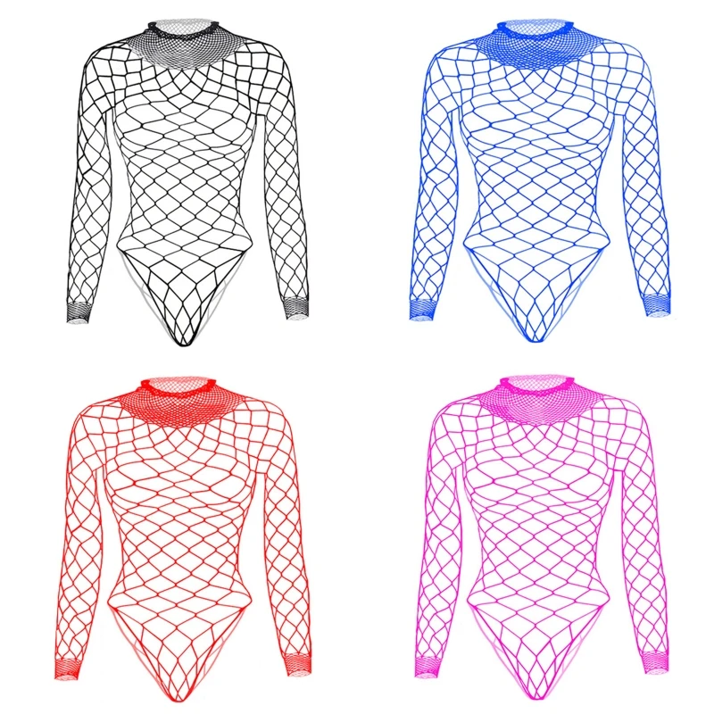 Women Sex Clothes Plus Size Fishnet Catsuit Bodysuit Women Long Sleeve Perspective Lingerie Female Erotic Cosplay Costumes