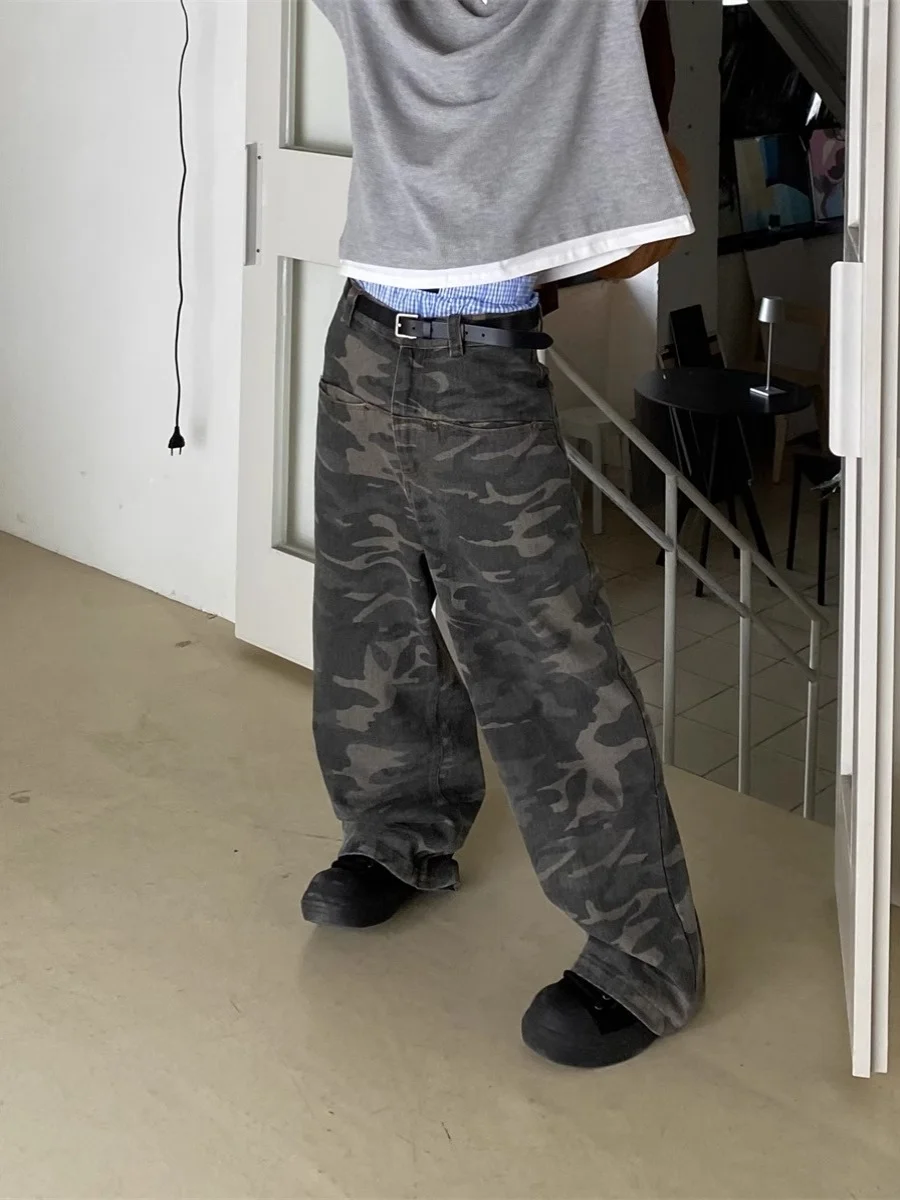 

American Street Sle Vintage Camouflage Jeans Men Women Wide Leg Trendy Workwear Straight Loose Floor-Length Pants