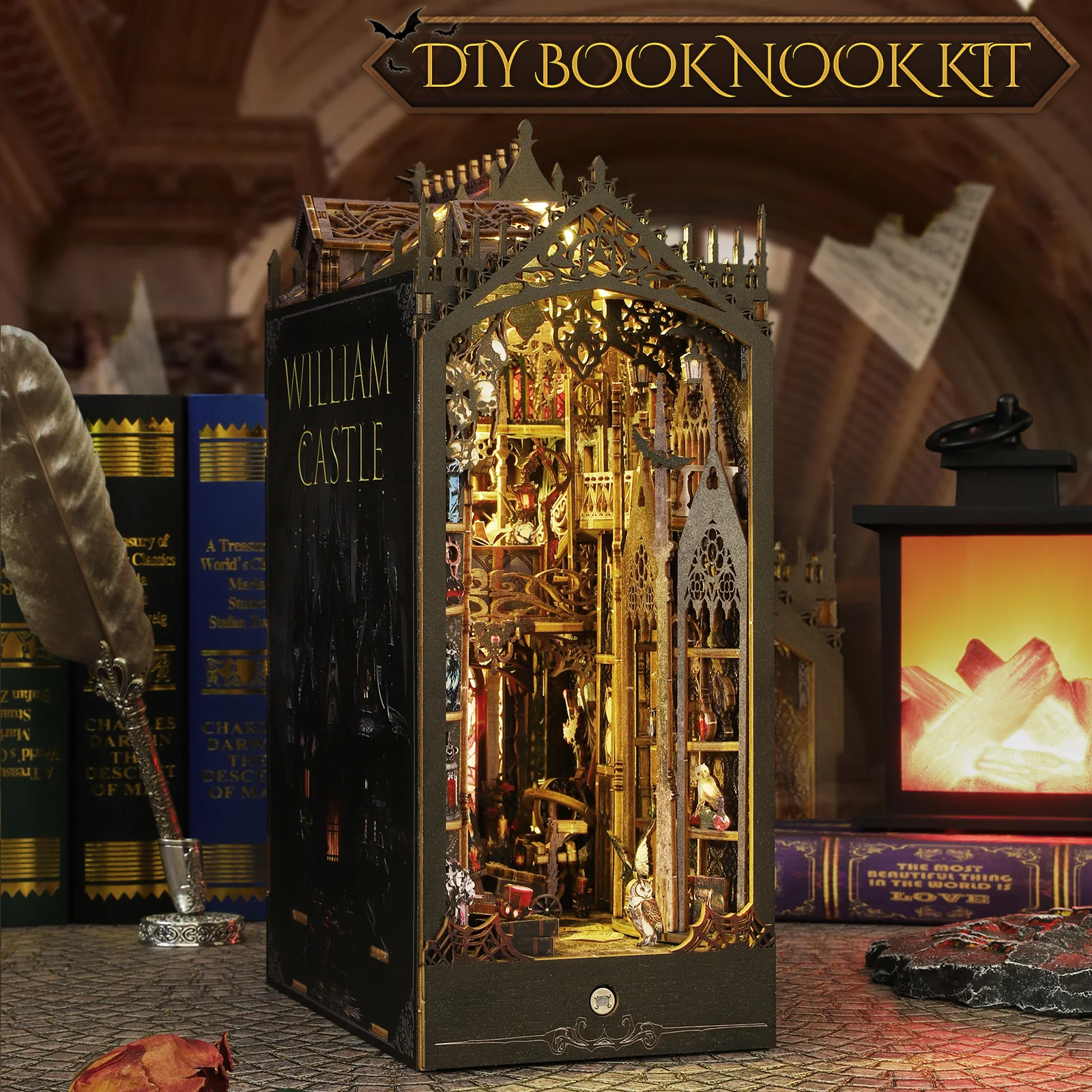 DIY Book Nook Kit DIY Dollhouse Bookend Model Kit with LED Light Bookshelf Insert 3D Puzzle Decor Wooden Puzzle New Year Gifts