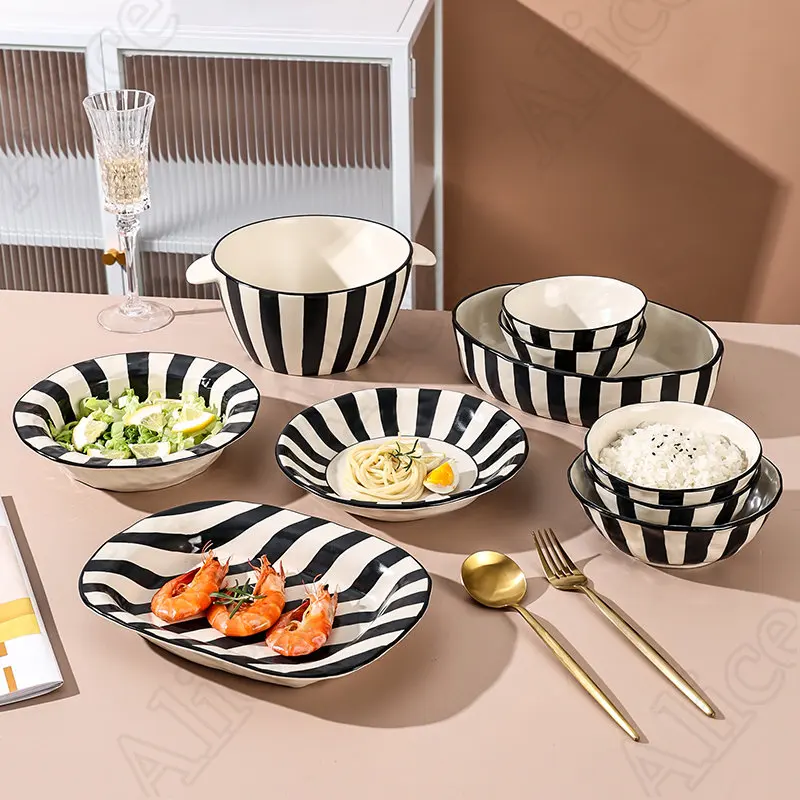 Black White Striped Ceramic Plate Salad Bowl Nordic Simple Spaghetti Dinner Plates Soup Bowls Solid Color Household Tableware