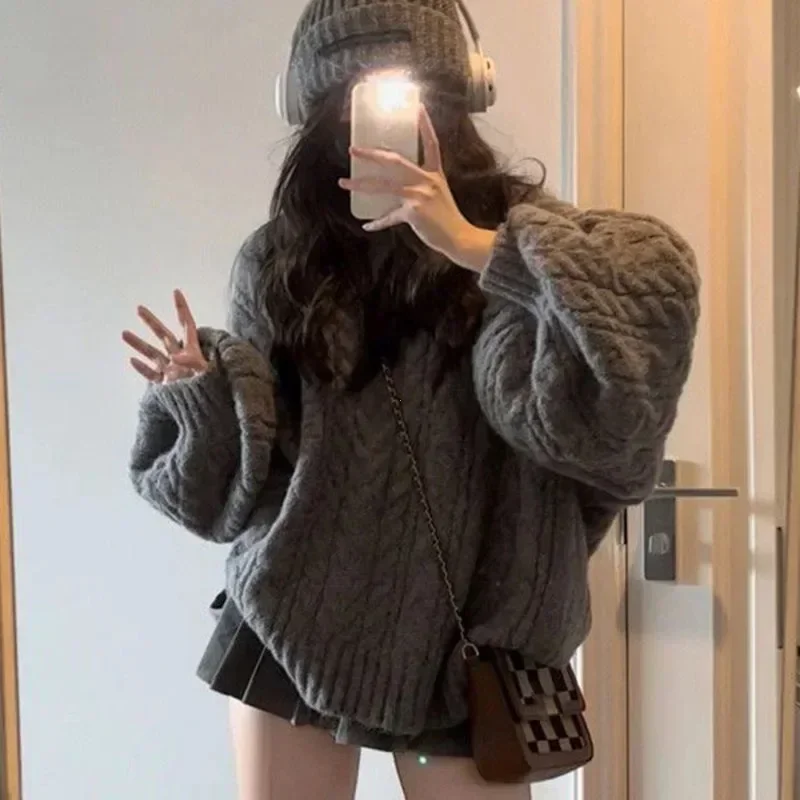 Autumn Winter Women Sweater Harajuku Oversized Knitted Pullovers Korean Long Sleeve V Neck Knitwear Preppy Solid Loose Jumper