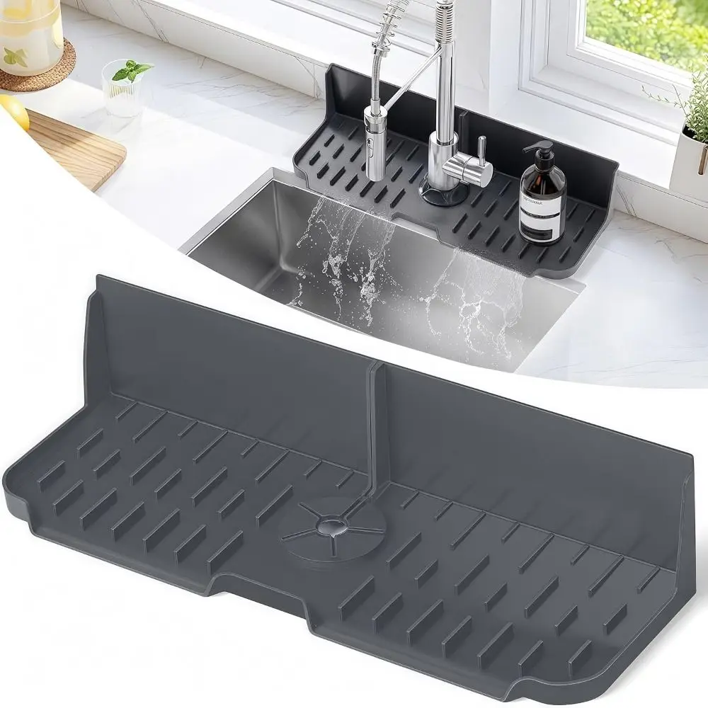 16.9inch Sink Splash Guard 5° Bevel Silicone Sink Auto Drain Organizer Multipurpose Splash-proof Drip Catcher Cleaning Tools