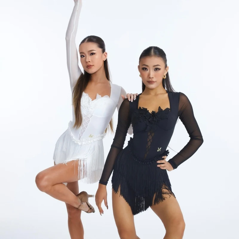Mulheres mangas de malha dança latina vestido franjas adultos desempenho roupas de dança senhoras chacha samba dança latina sl14320