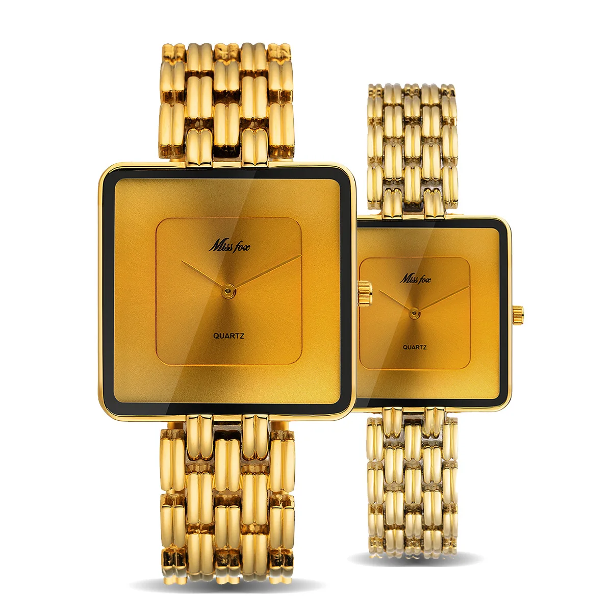 Reloj de tendencia caliente con esfera grande simple, cuarzo cuadrado dorado negro para mujeres y hombres, correa de acero, resistente al agua para mujeres y reloj