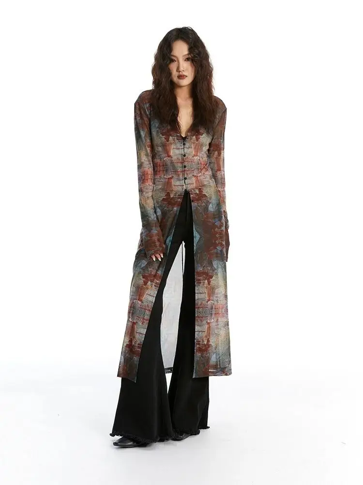 

Summer New Vintage Oil Painting Print Tulle Long-Sleeve Sun-Protective Cardigan Slim Women Trench Coat Long Sleeves Streetwear