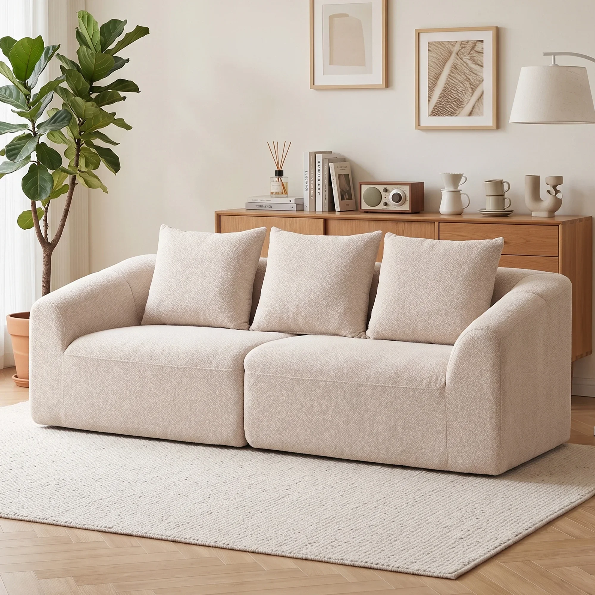 Divano a 3 posti color beige, modello «Cloud», rivestito in tessuto chenille, confortevole e dotato di cuscini, divano senza struttura per soggiorno, camera da letto, arredamento per la casa.