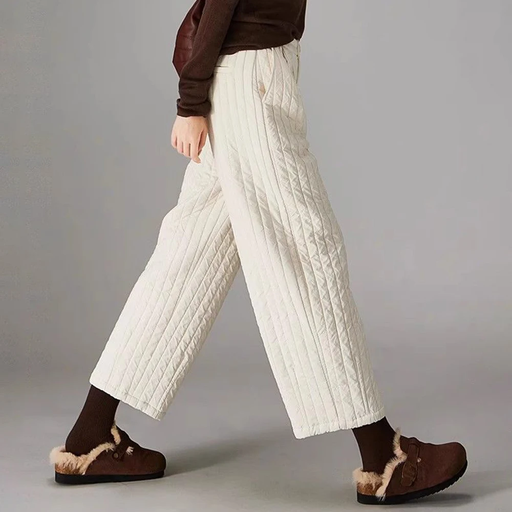 

Retro crimped striped cotton-padded wide-leg pants for women's winter high-waisted loose casual warm outer cotton pants
