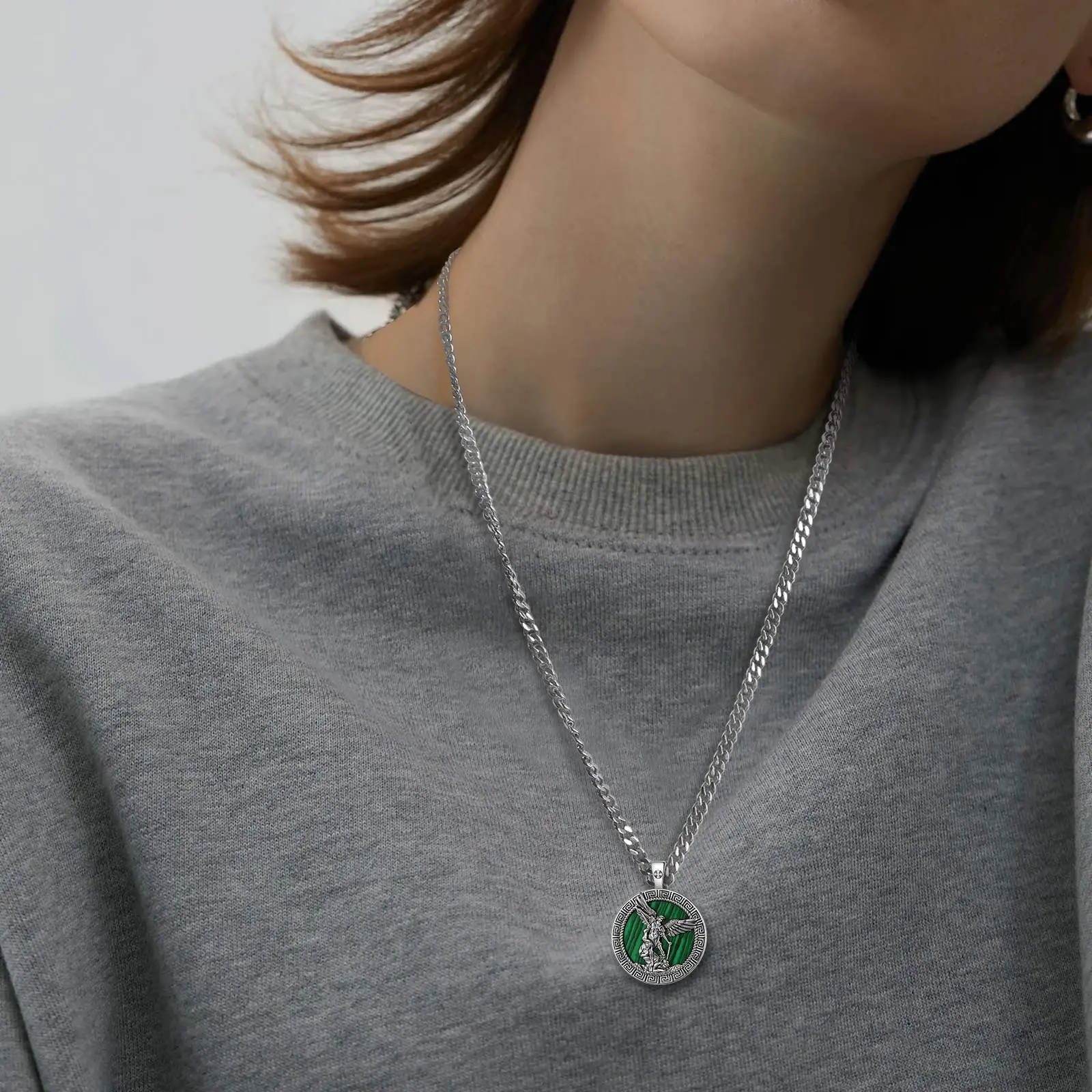 Eudora Copper Malachite Saint Michael Necklace Archangel Medal Pendant Christian Amulet Religious Jewelry Gift for Men Woman view 5