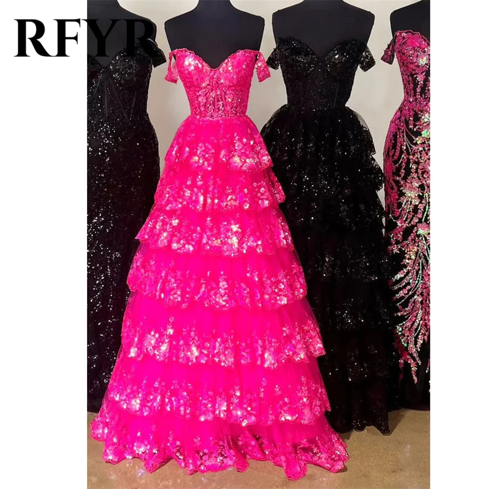 RFYR Puffy Gold Evening Dress Off  Shoulder Vestidos De Noche Sweetheart Layered Prom Dress Appliques Party Dress Customized