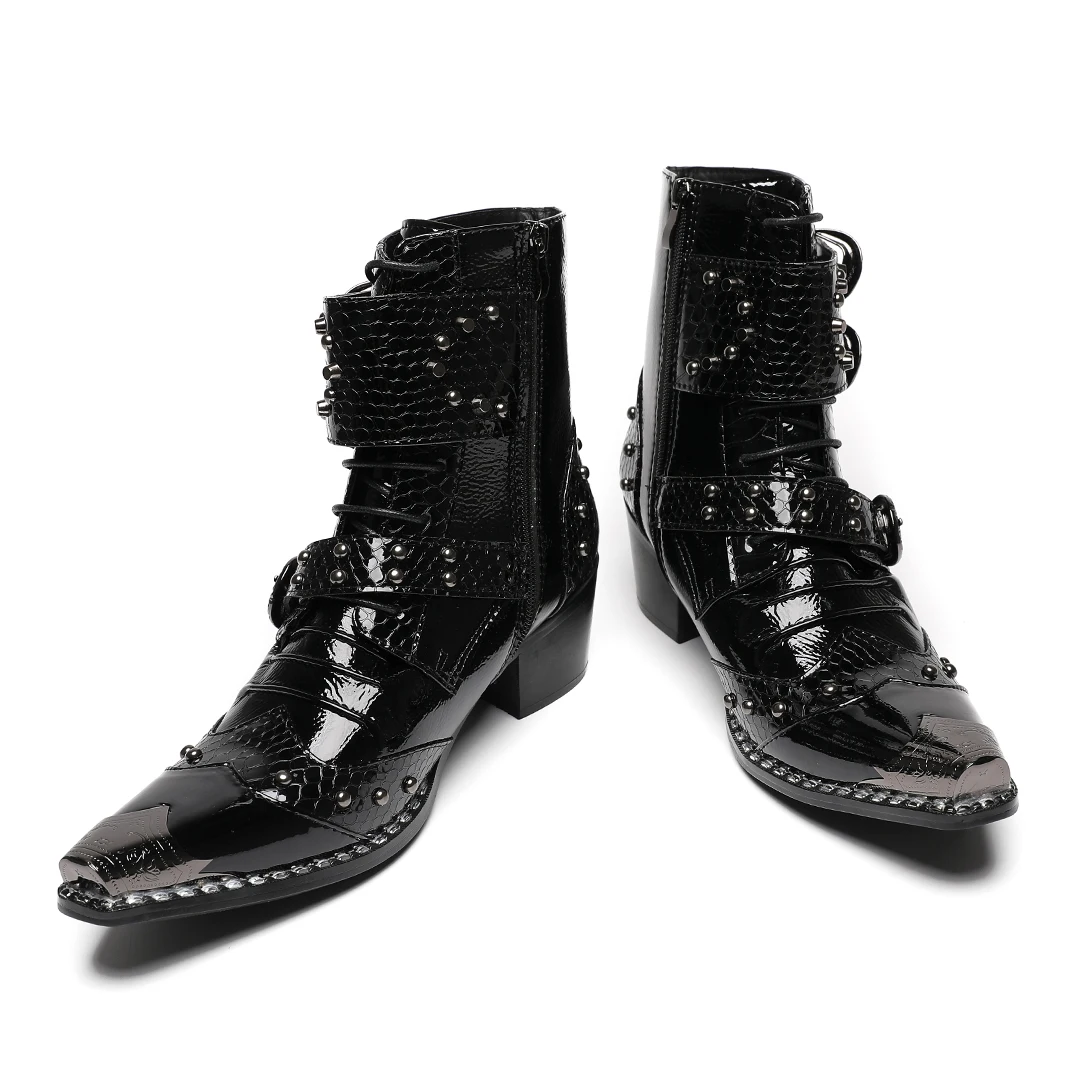 Black Genuine Leather Men Cowboy Ankle Boots Buckle Rivets Motorcycle Short Boots Man High Top Party Dress Boots Sapatos Social