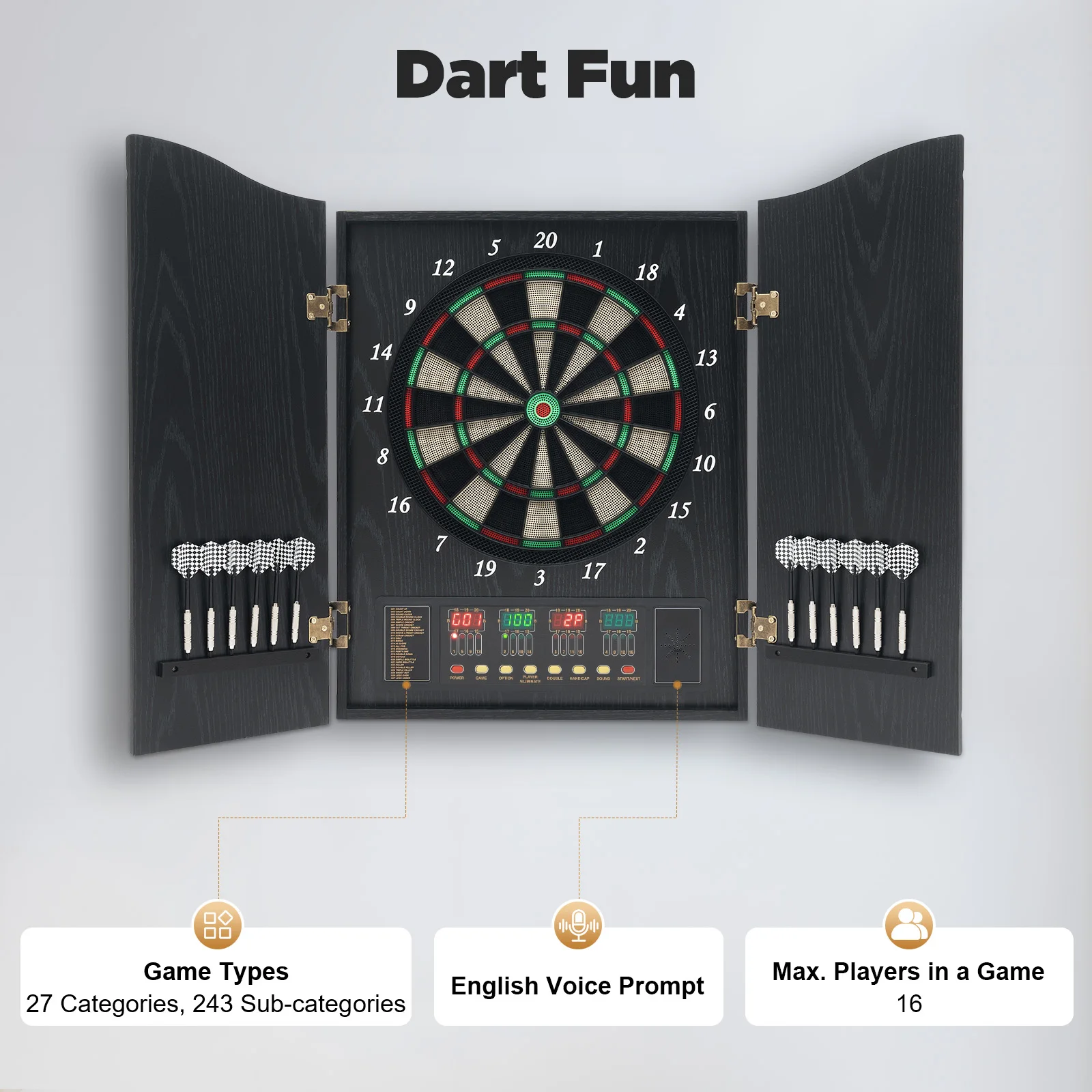 

Electronic Dart Board Set with 4 LED Displays Voice Prompts 12 Darts for Home/Office/Party Game 16 Players & 243 Games CB05E