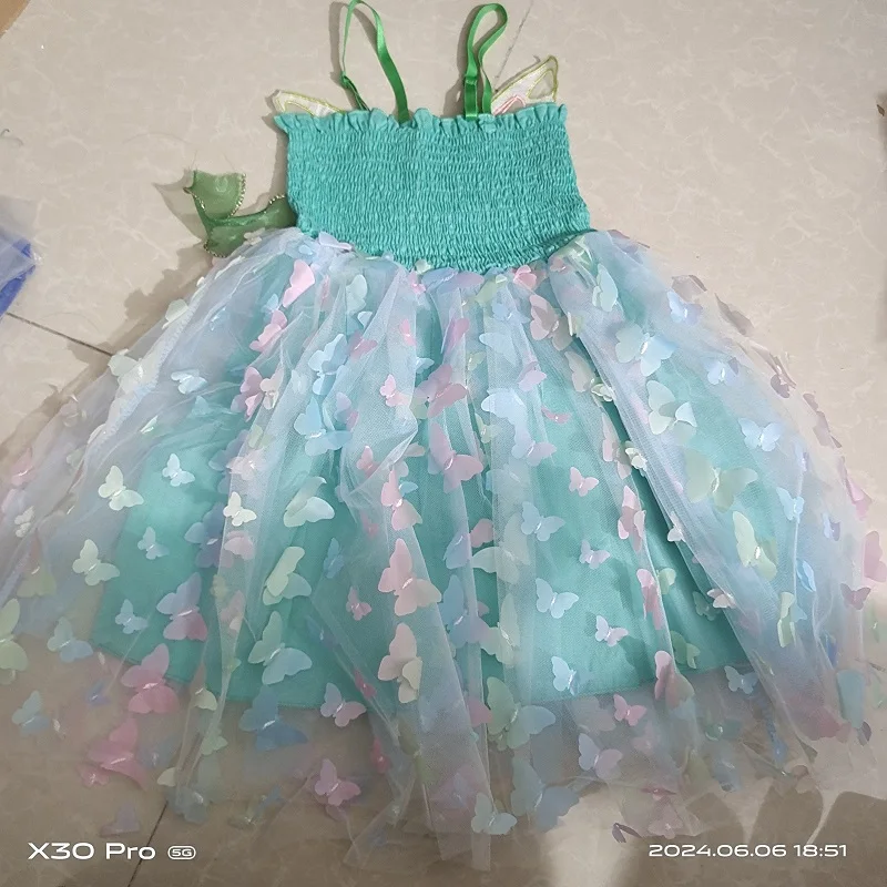 Fashion Girls Ribbon Butterfly Dress 2024 Summer Children Wings Mesh Dress Toddler Kid Sling Princess Dress