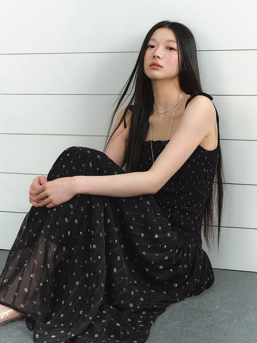 REDDACHiC Women Tie Up Camisole Dress Black Floral Elastic Waist Shirring Midi Long Flowy Dress Korea Sweet Summer Everyday Wear