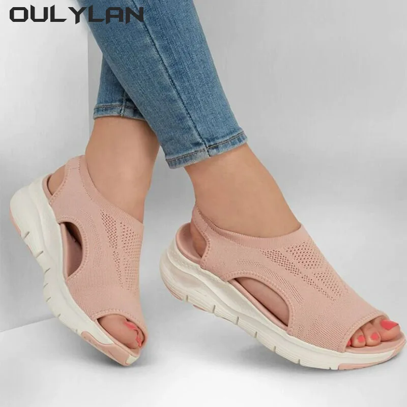 Oulylan sepatu kasual ringan wanita, 2024 sepatu musim panas jala ikan sandal Platform wanita jari terbuka sandal Wedge