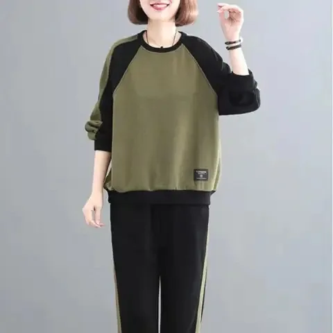 

Women's Large Size Long-sleeved Splicing Sweater Set Homewear Ladies Tide Loose Casual Comfortable Sportswear Two-piece Set Ms.