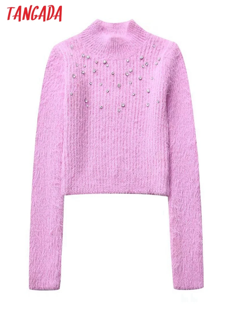 Tangada 2024 Spring Women Beading Fur Knitted Sweater Female Slim Crop Pullovers BE290