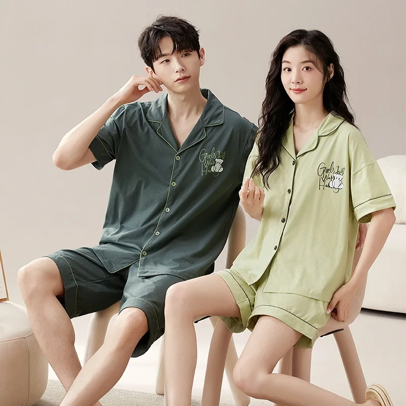 

2024 Cotton Sleepwear For Couples Korean Cardigan Men Pijamas Women Pajama Set Short Sleep Tops Pant Nightwear Pjs pareja hombre