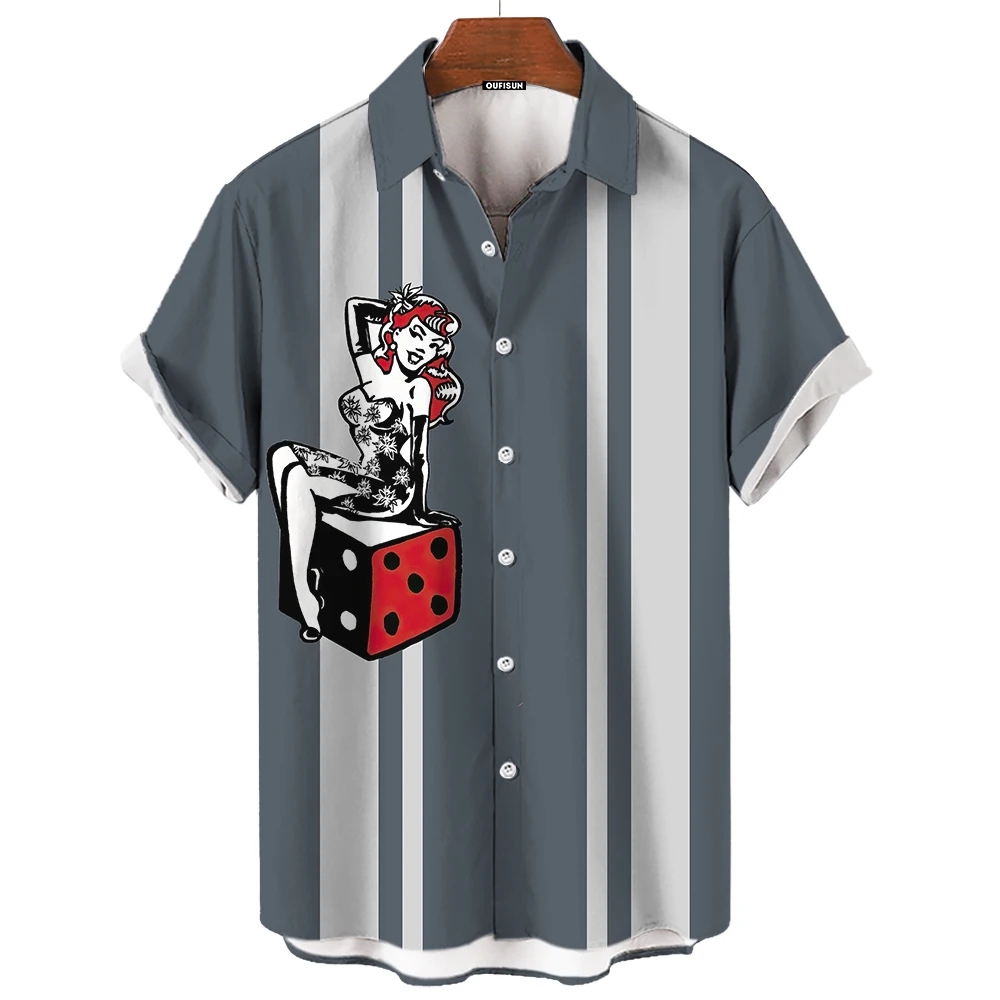 

Summer Men's Shirt Fashion Outdoor Casual Short Sleeve Vintage Laper Shirts Stripe Print Oversized Clothing Button Cardigan Tops