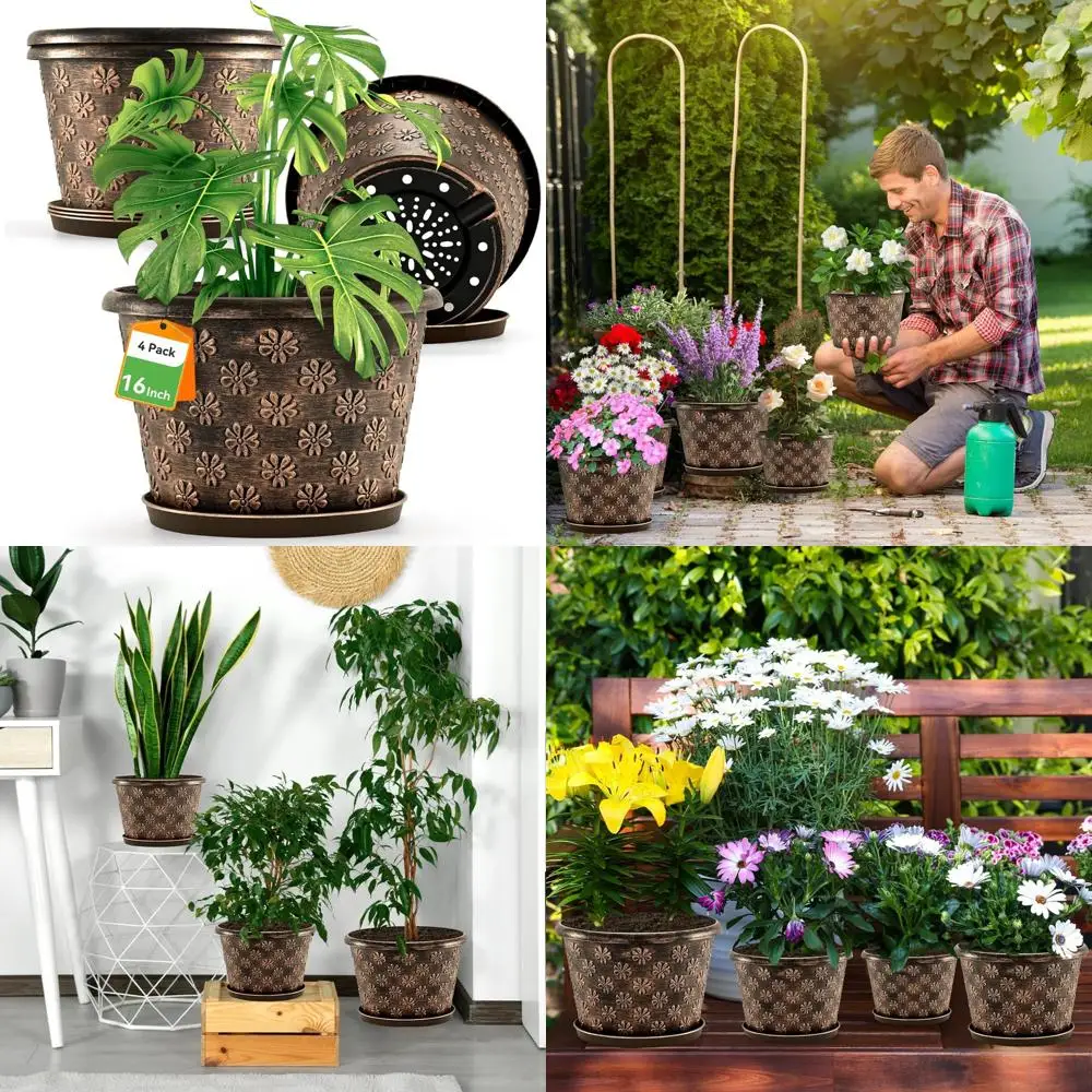 

16-дюймовые горшки для растений, пластиковые большие цветочные горшки для использования в помещении и на открытом воздухе, 4-упаковка смоляного горшка для растений с дренажем и блюдцем, ретро