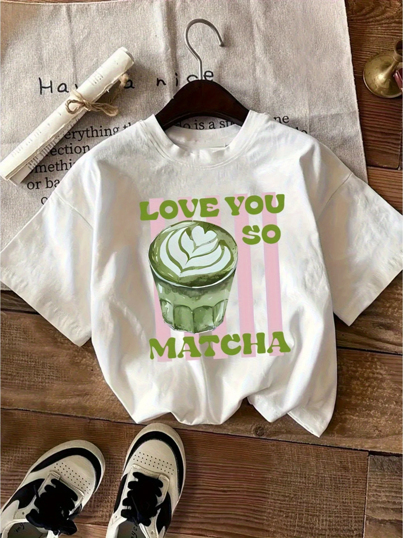 Camiseta de Té Verde Matcha, Corte H, Manga Corta, con Estampado de Taza de Tapioca Matcha y Matcha Latte, Ropa Estética Harajuku