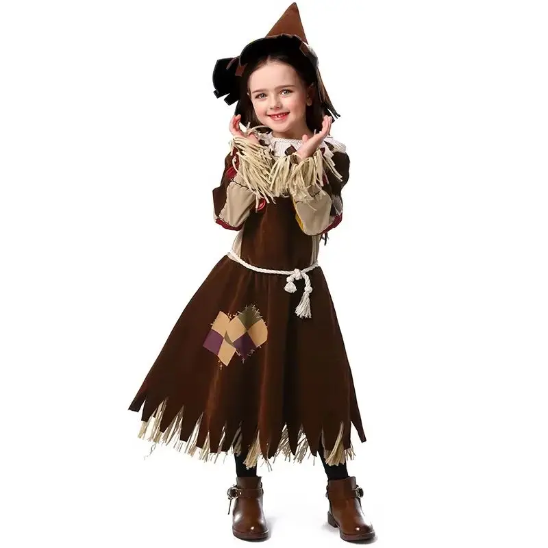 

Children Girls Scarecrow Tassel Princess Dress Hat Set Kids Halloween Cosplay Costumes Kindergarten Performance Role Play Outfit