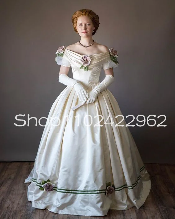 Ivory 1860S Victorian Corset Gothic Prom Dresses Off Shoulder Floral Civil War Southern Belle Halloween Evening Gown