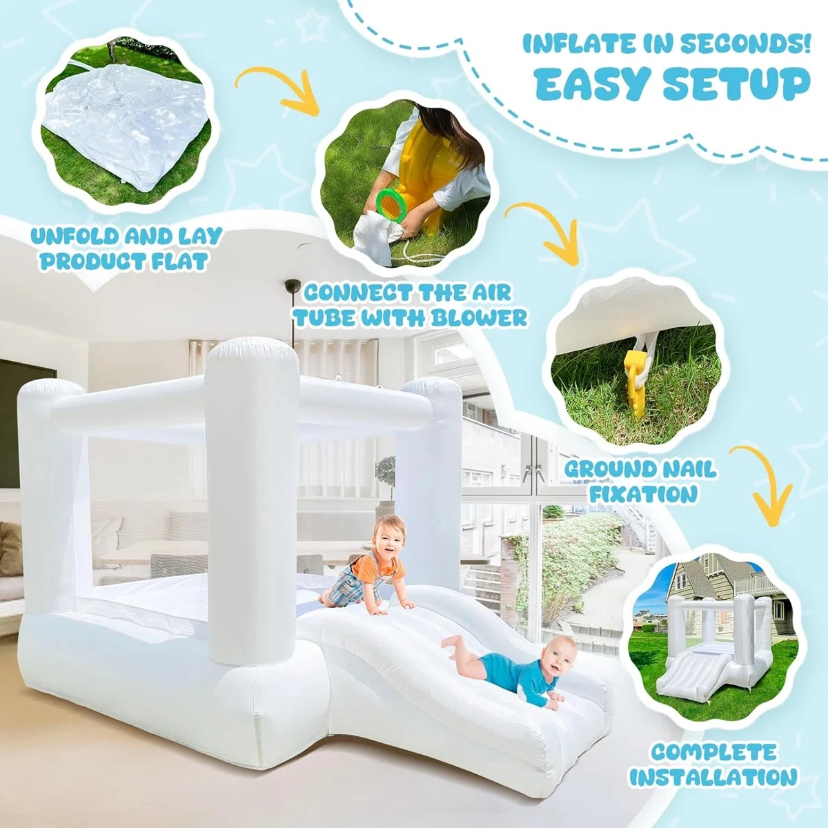 6フィート ミニ ホワイト ジャンピングキャッスル 子供用 誕生日パーティー飾り付け インフレータブル バウンスキャッスル 屋外 スライド付き 送風機付き バウンスハウス