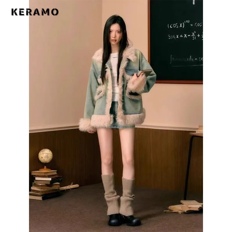 

2023 Autumn Winter American Retro Lamb Wool Patchwork Cowboy Jacket Women Fashion Lapel Warm Coat Korean Harajuku Pop Outerwear