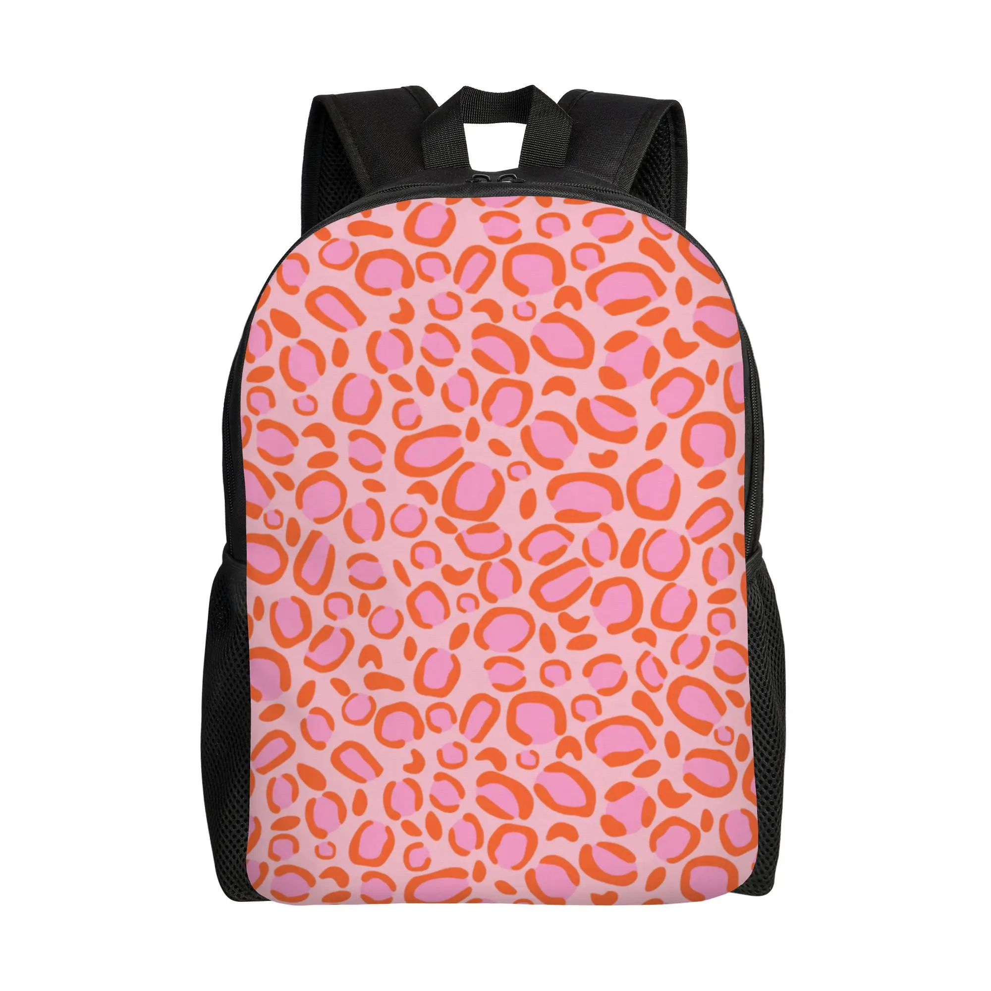 

A vibrant backpack with fun leopard and zebra designs in pink and orange, designed for everyday use with a spacious main