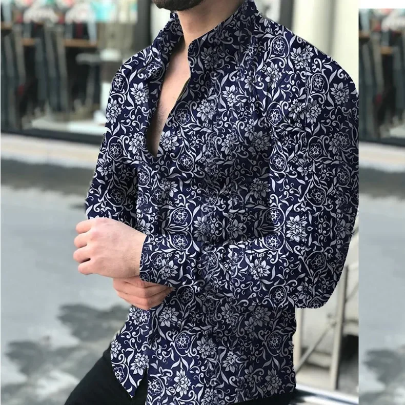 

Spring and Autumn New Fashion Men's Shirts Muscular Men's Turn-down Collar Casual Flower Shirts Slim Elegant Party Sh