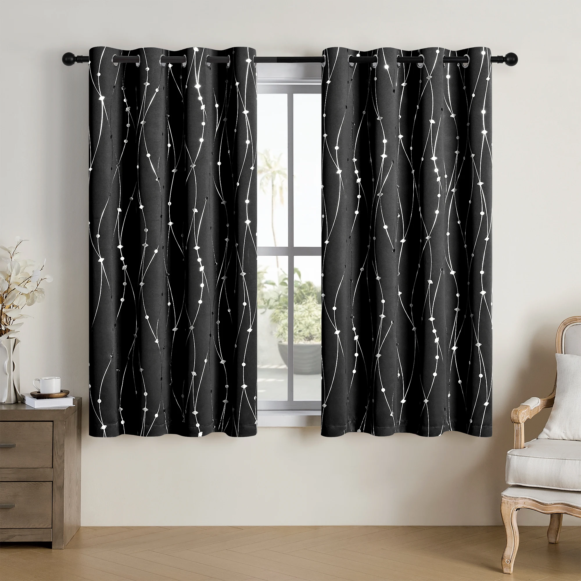 Pack Of 2 Sliver Print Blackout Curtains Blackout Window Curtains For Living Room, Window Treatment With Wave Lines Dots And Pla