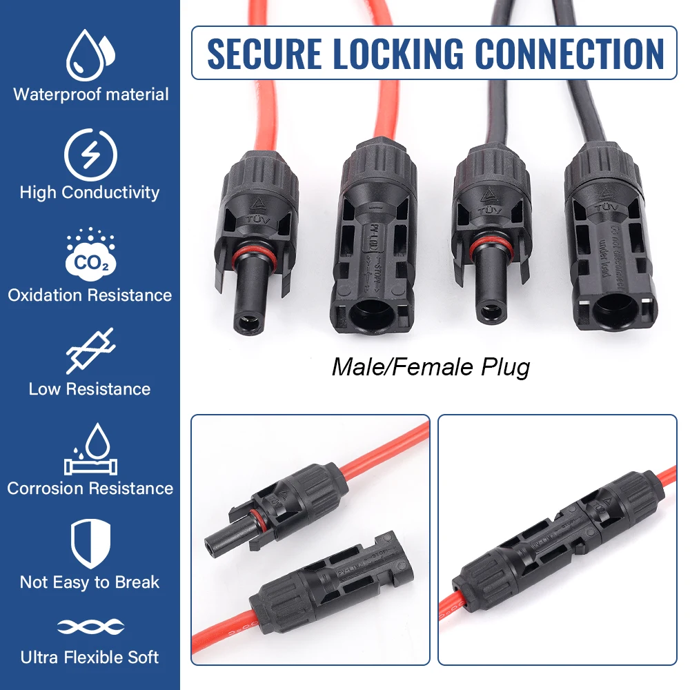 10AWG 6mm² 6M Solar Extension Cable Red Black PV Wire IP67 Waterproof with Male Female Solar Connectors for Solar Panel RV
