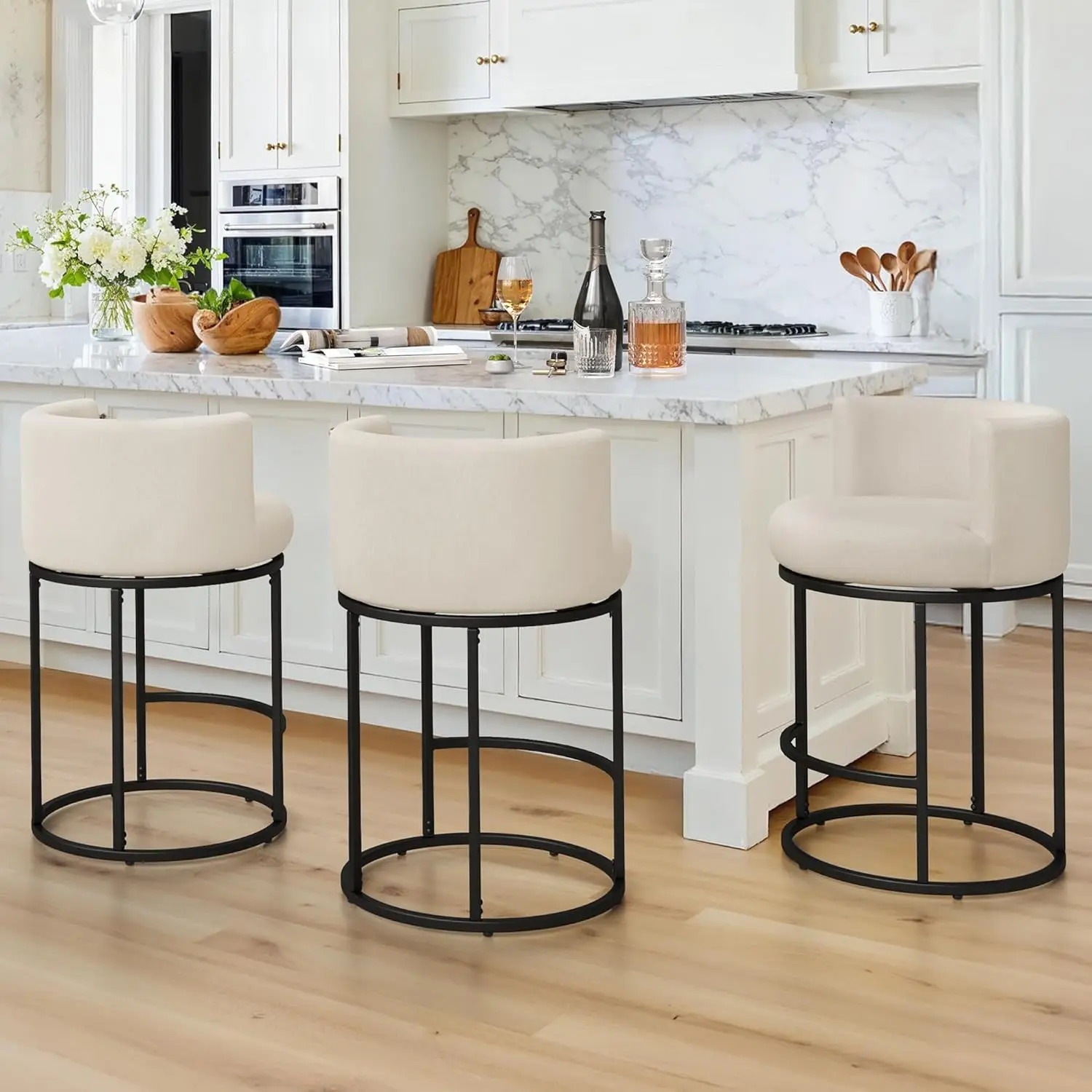 

Набор из 3 барных стульев высотой 26,8 дюйма, 180 ° Вращающиеся барные стулья, современные стулья-бочонки для прилавка с спинкой и металлическим каркасом, на заказ