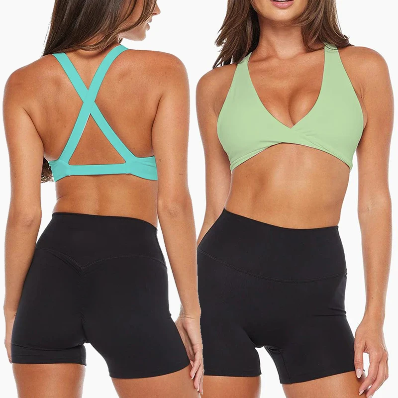 SHINBENE Hi Cloud Strappy Cross Back Yoga Bra Padded Fitness Crop Top Sexy Front Twist Sports Bra