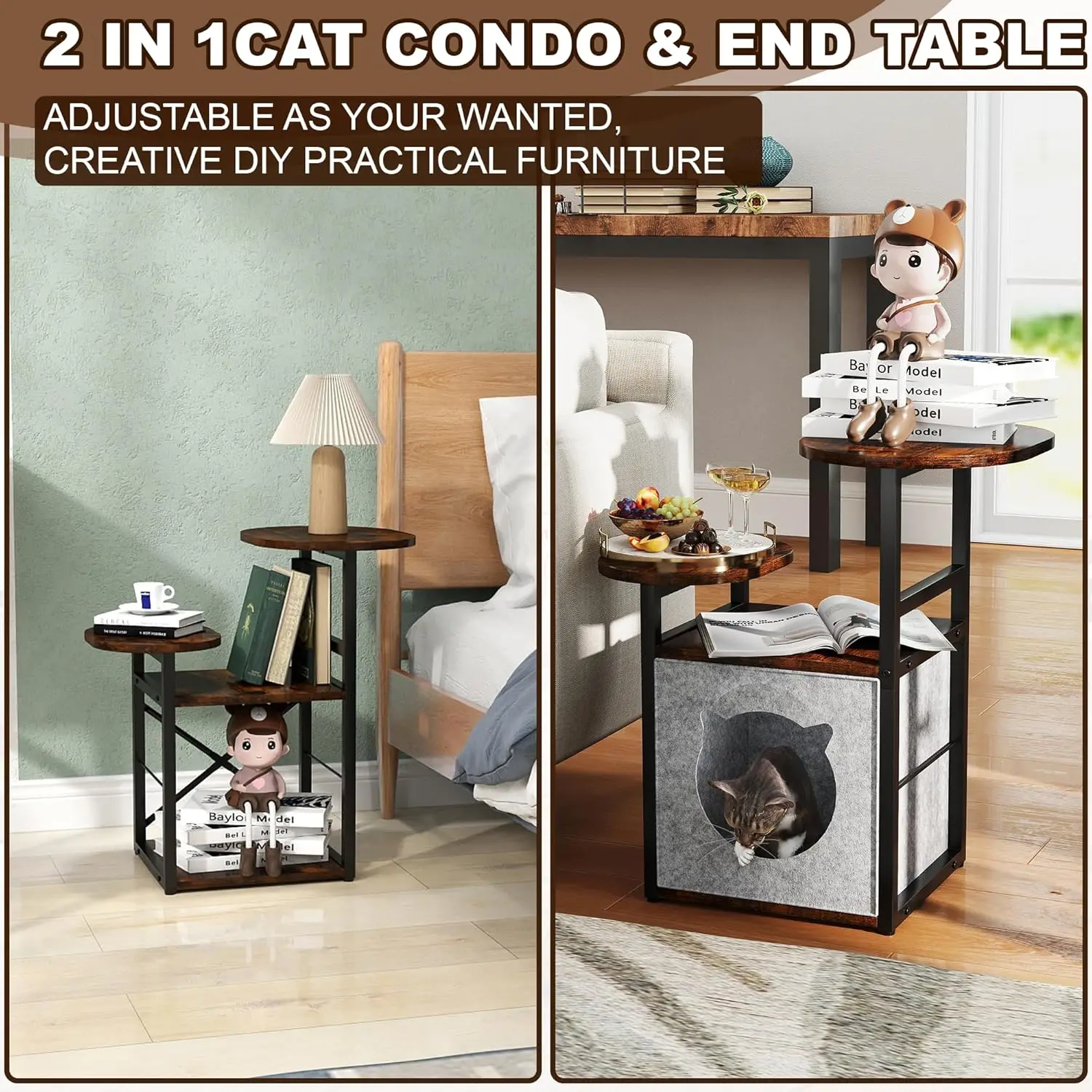 

Торцевой столик, круглая тумбочка для небольших помещений, прикроватная тумбочка с 3-ярусными полками для хранения, съемная кровать для кошек, современный акцент