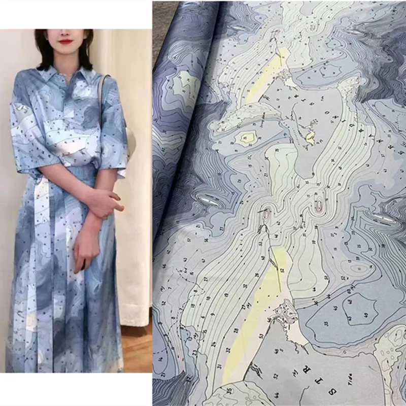 Geo-pattern Printed Silk Stretch Twill Light Blue Gradient Shirt Skirt Silk Fabric Eco-Friendly Cloth for Sewing Clothes Satin