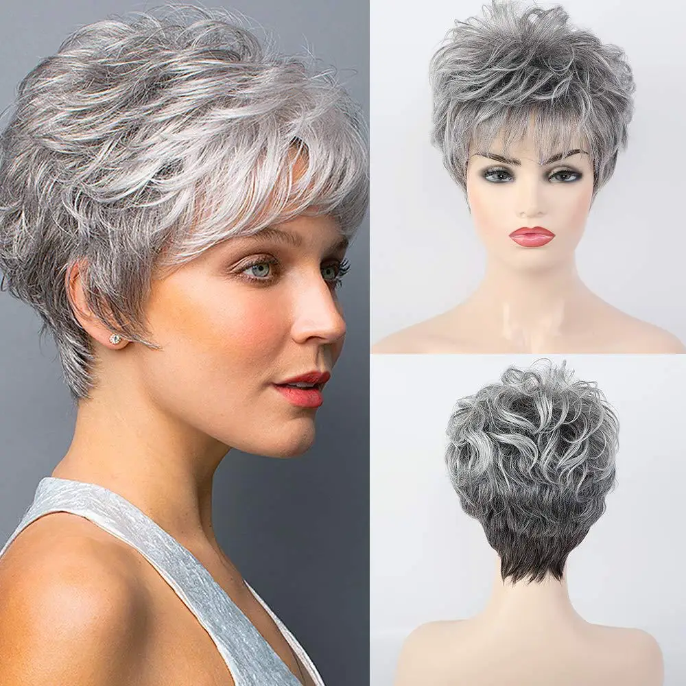 Wig for Women Synthetic Short Wig with Bangs Mixed Gray Hair High Temperature Fiber Heat Resistant Hair Daily Use Wigs