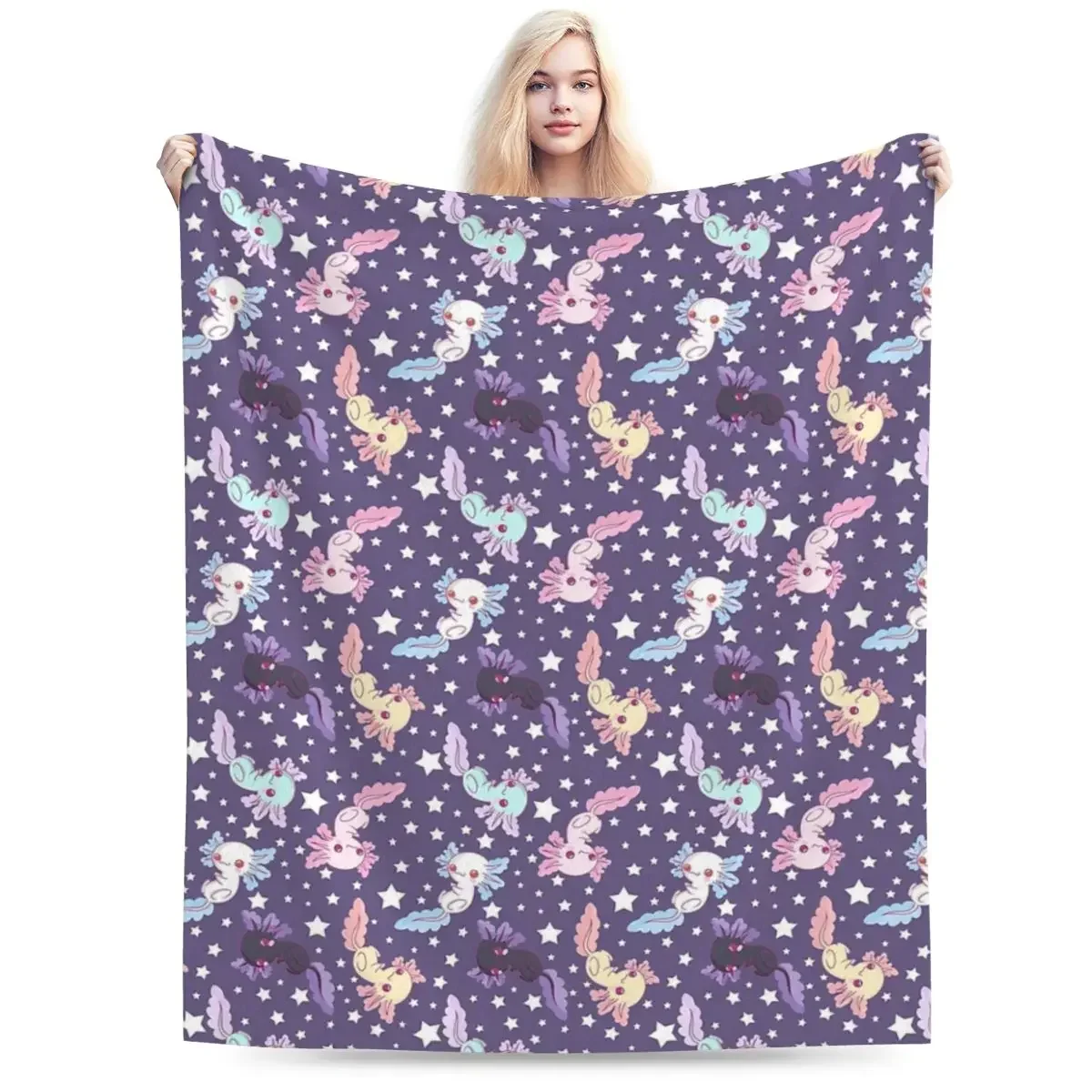 Kawaii Axolotl Pattern Lilac Blankets Soft Warm Flannel Throw Blanket Bedding for Bed Living room Picnic Travel Home Sofa