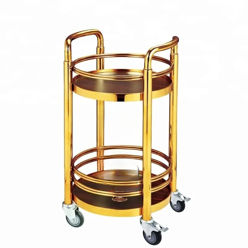 Hotel buffet cart 3-story stainless steel luxury gold bars wooden service food tea wine wheels