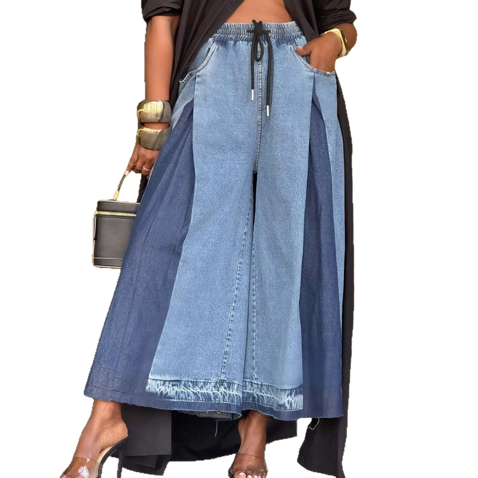 2026 New Street Elastic Drawstring Pleated Contrasting Wide-leg Nine-point Jeans