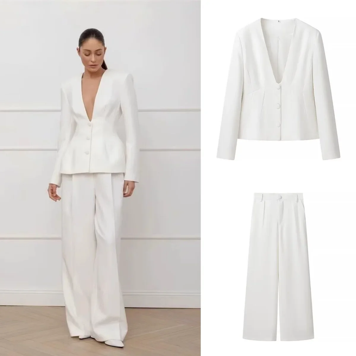 Donna Bianco 2 Pezzi Set Profondo scollo a V monopetto Blazer Cappotto Pantaloni a vita alta Donna Chic 2025 Primavera Office Lady Outfits