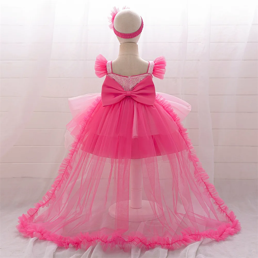 Baby Girl Dress Pageant Trailing 1 Year Birthday Dress For Rose Sequin Princess Dress Baptism Girls Dress Fluffy Party Clothing