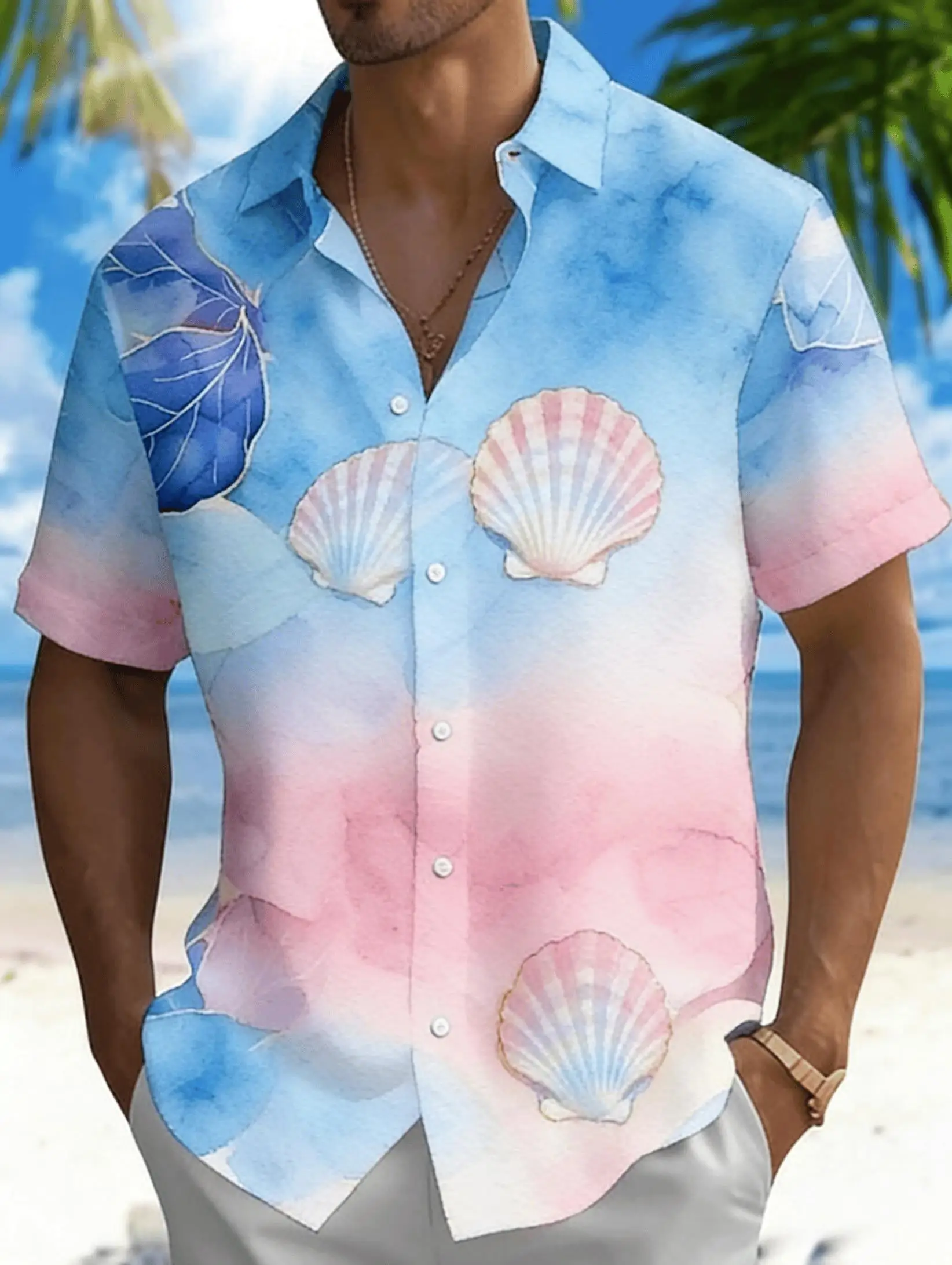 

Men's Watercolor Pink Blue Gradient Print Short Sleeve Shirt, Summer Fresh Ocean Hawaiian Vacation Blouse, Loose Casual Top