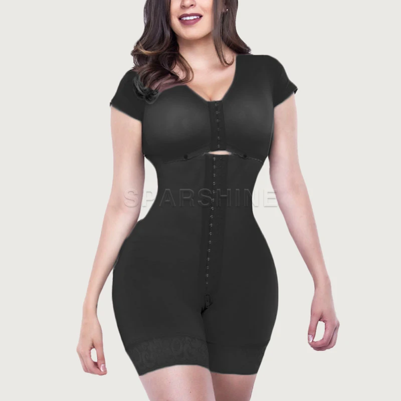 Adjustable Hook Eye Front Closure Fajas Colombianas Short Sleeve Women Shapewear With Bra