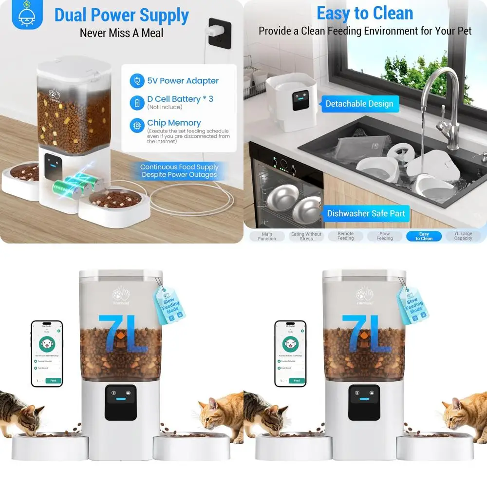 

Dual Smart Pet Feeder: 5G WiFi Enabled, Slow Feed Option, App-Controlled Food Dispenser for 2 Cats & Dogs, Easy Clean, 29 Cups