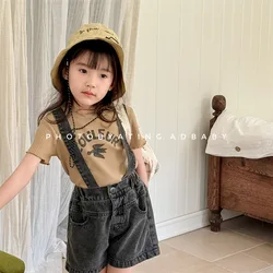 2026 Spring New Children Casual Overalls Cute Baby Girls Denim Strap Shorts Solid Kids Sleeveless Casual Jumpsuit Kids Clothes
