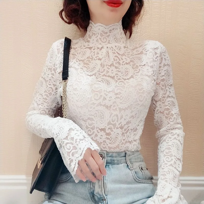 Elegant Turtleneck Ruffles Hollow Out Lace Blouse Women Clothing 2024 New Autumn Casual Pullovers Flare Sleeve Office Lady Shirt