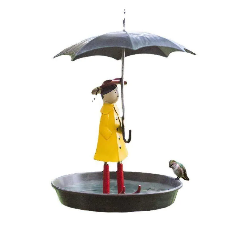 Creative Wrought Iron Umbrella Little Girl Bird Feeder Pendant Outdoor Garden Garden Bird Feeder Pendant Craft Garden Decoration